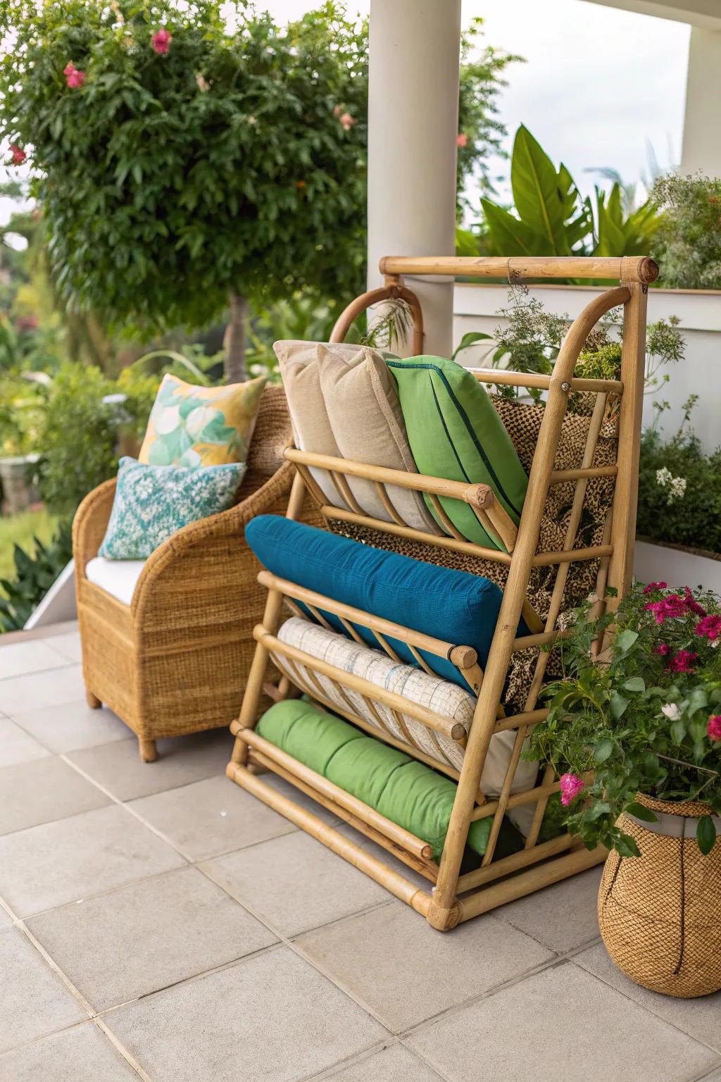 Enhance your patio with sustainable bamboo racks for stylish cushion storage.