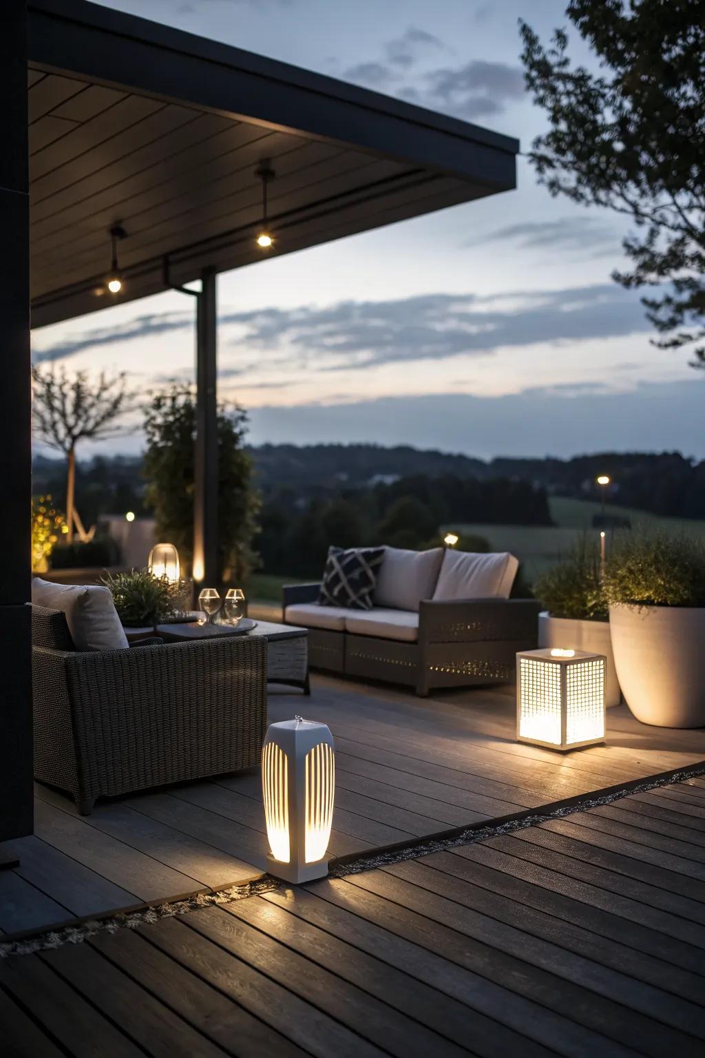 Under-table lighting provides a dramatic modern effect.