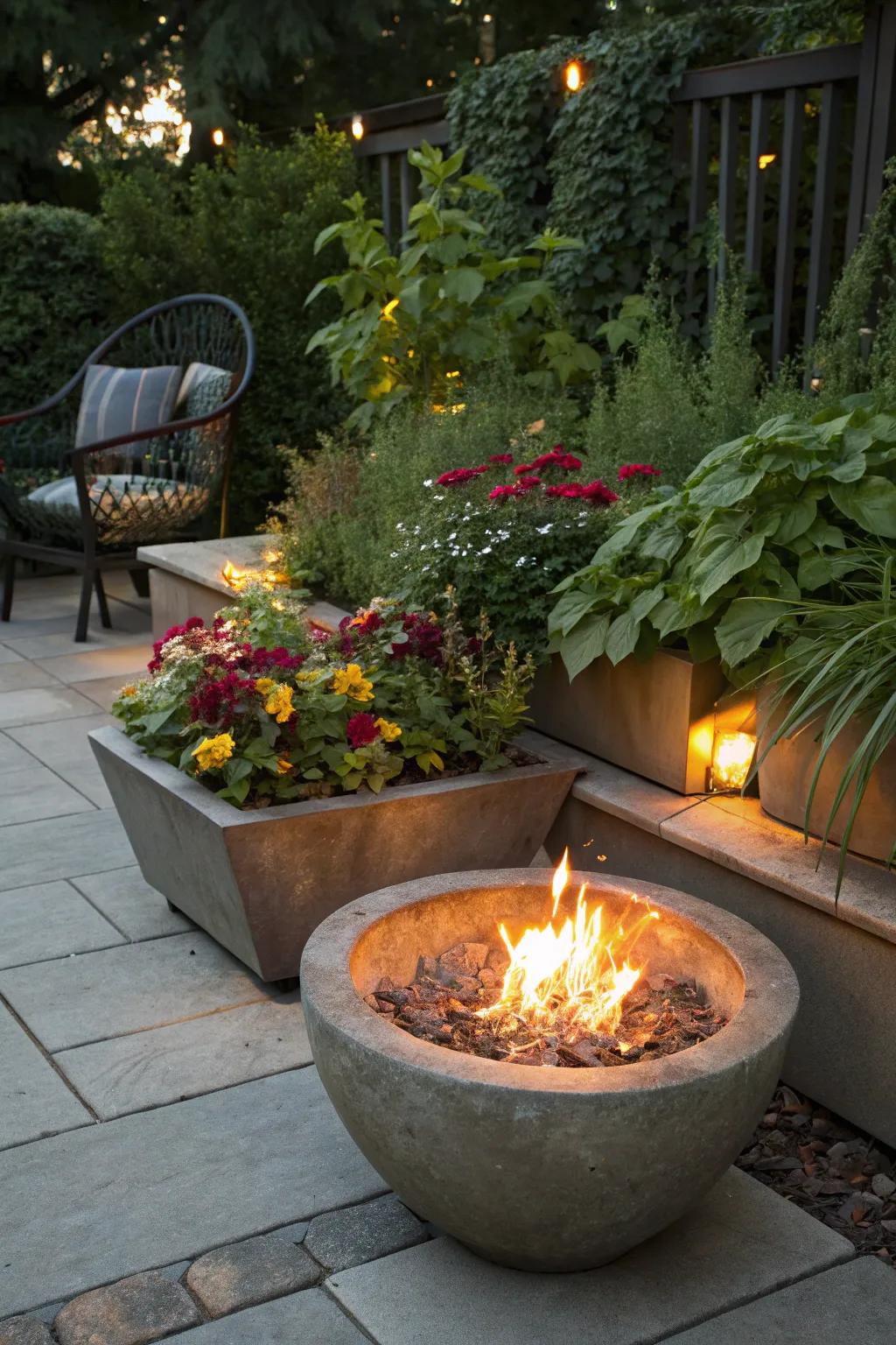 Built-in planters around a fire pit seamlessly integrate greenery.