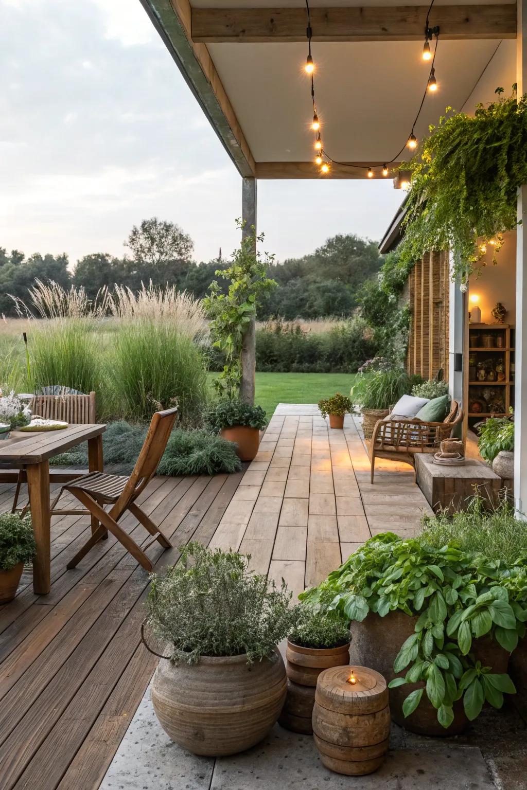 Reclaimed wood panels provide rustic charm and sustainability.