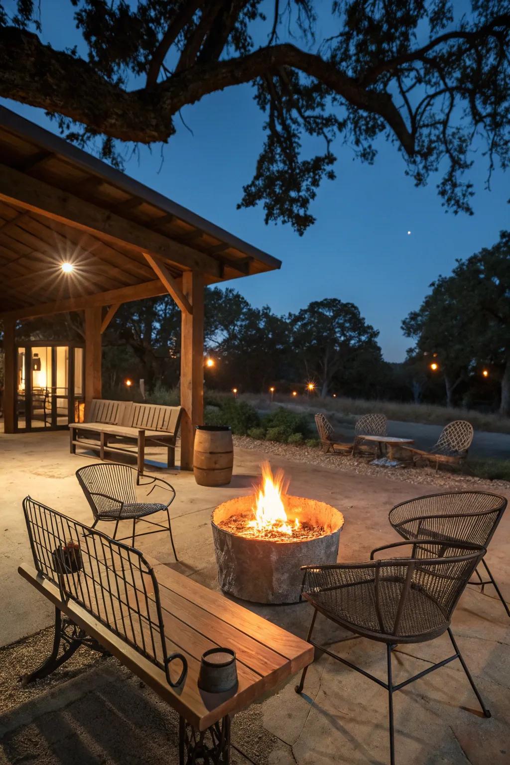 Rustic wood and metal combine for a chic fire pit setup.