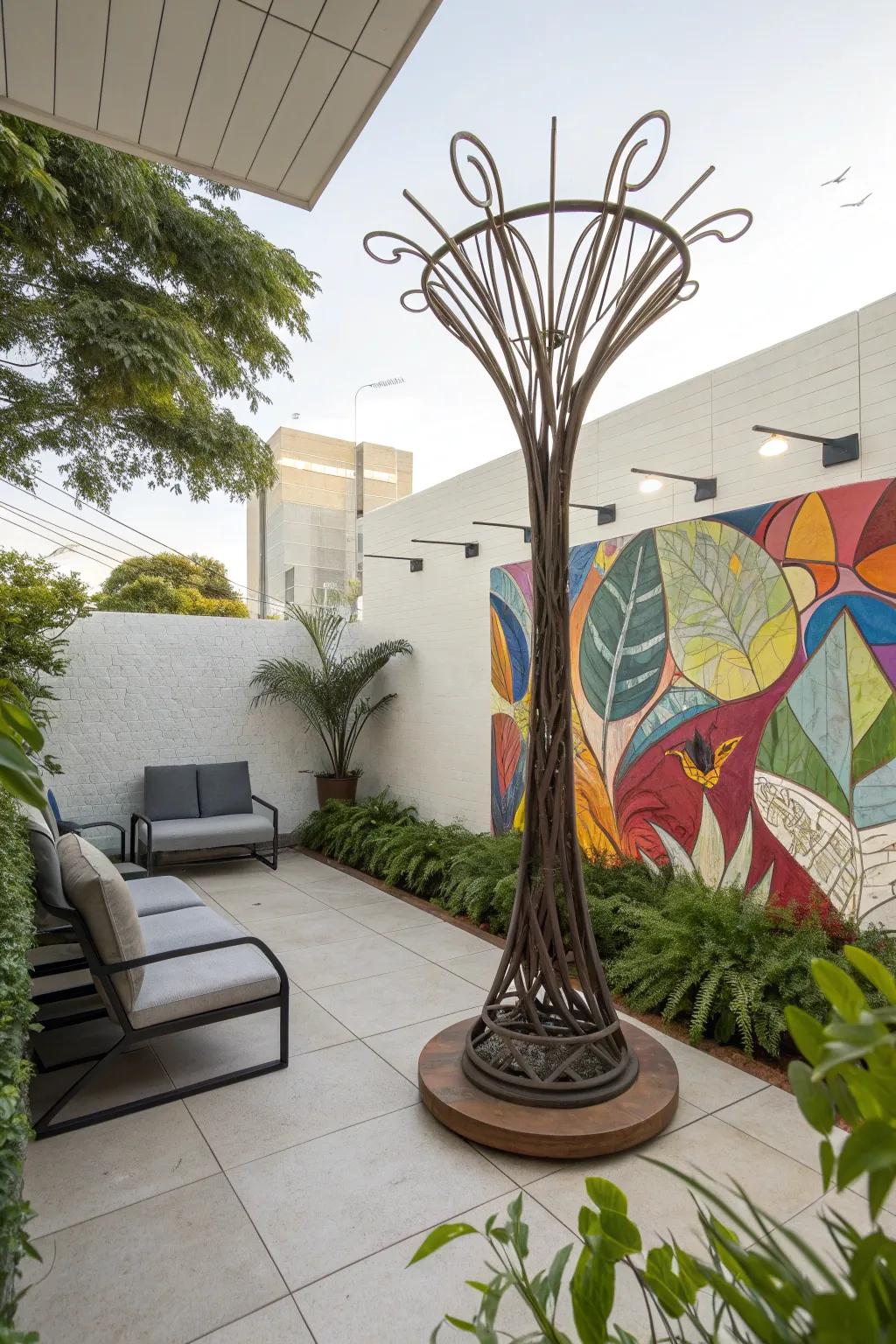 Artistic elements adding personality to the patio.