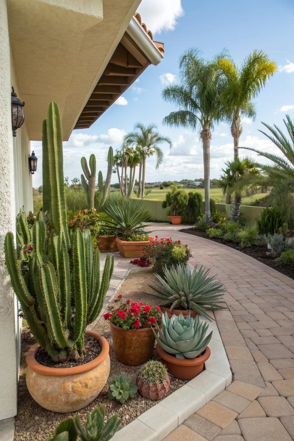 A charming cactus and succulent corner on a sunny patio.