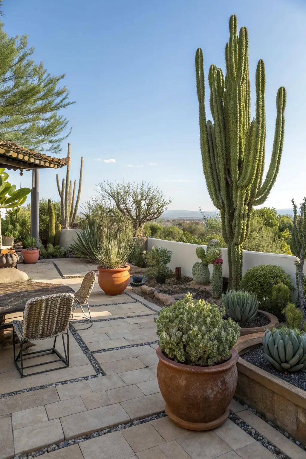 Adopt a desert-inspired theme with drought-resistant plants for easy maintenance.