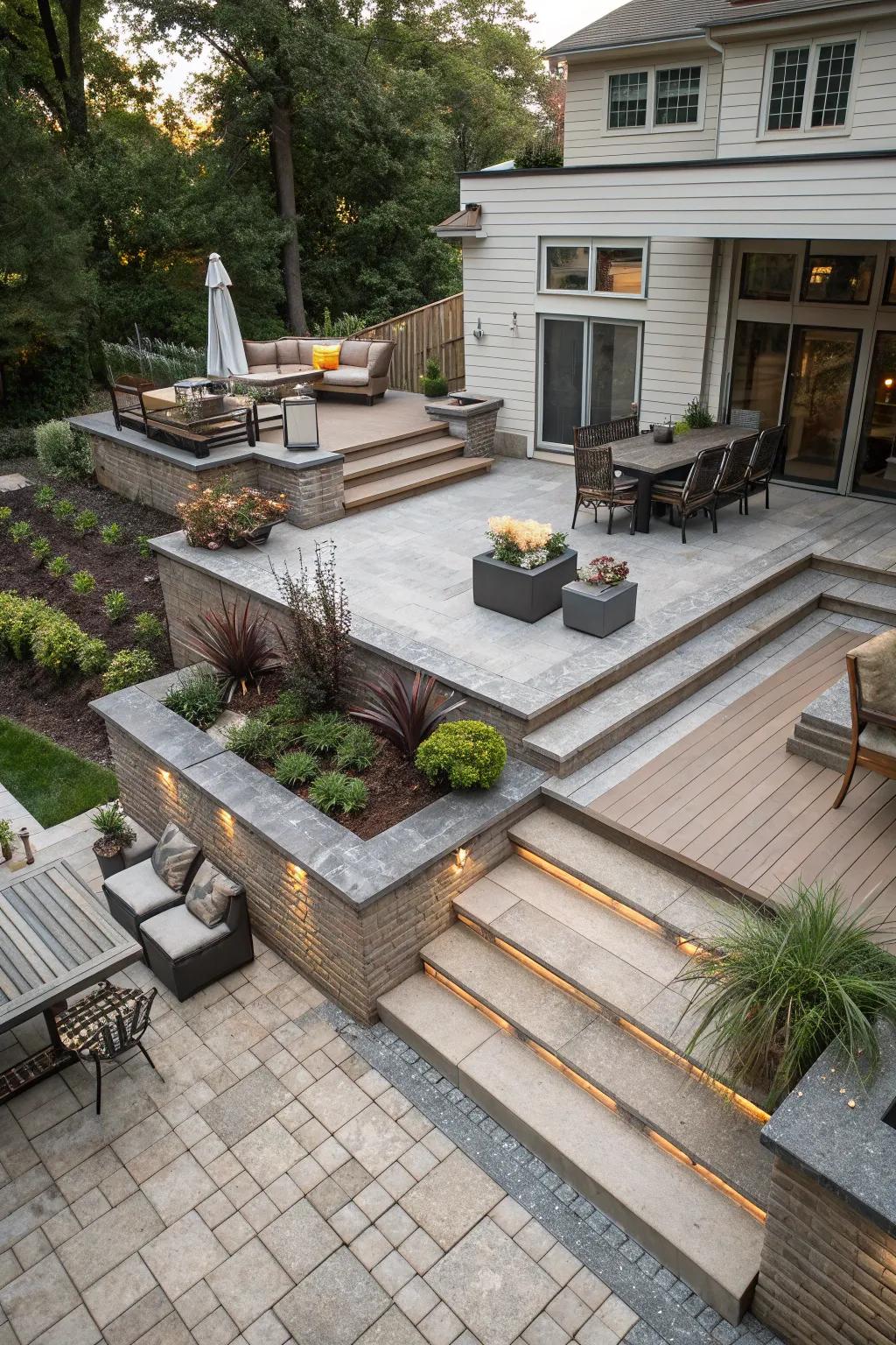 A multi-level patio adding depth and interest.