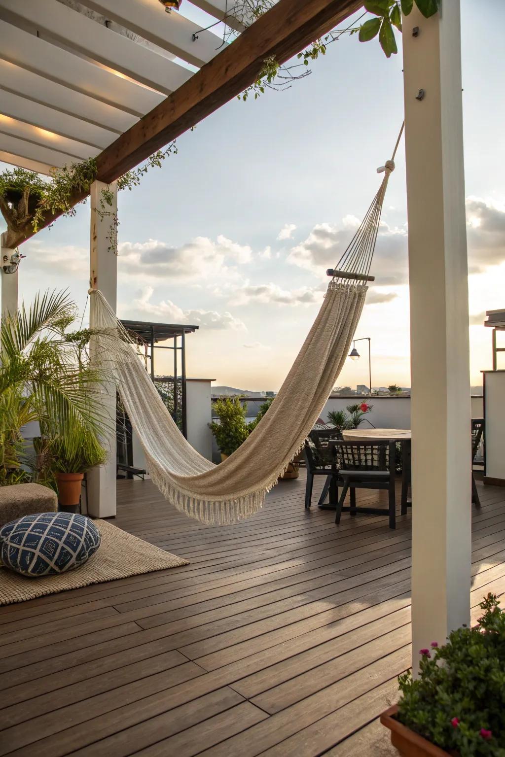 A hammock adds relaxation and charm to a patio.