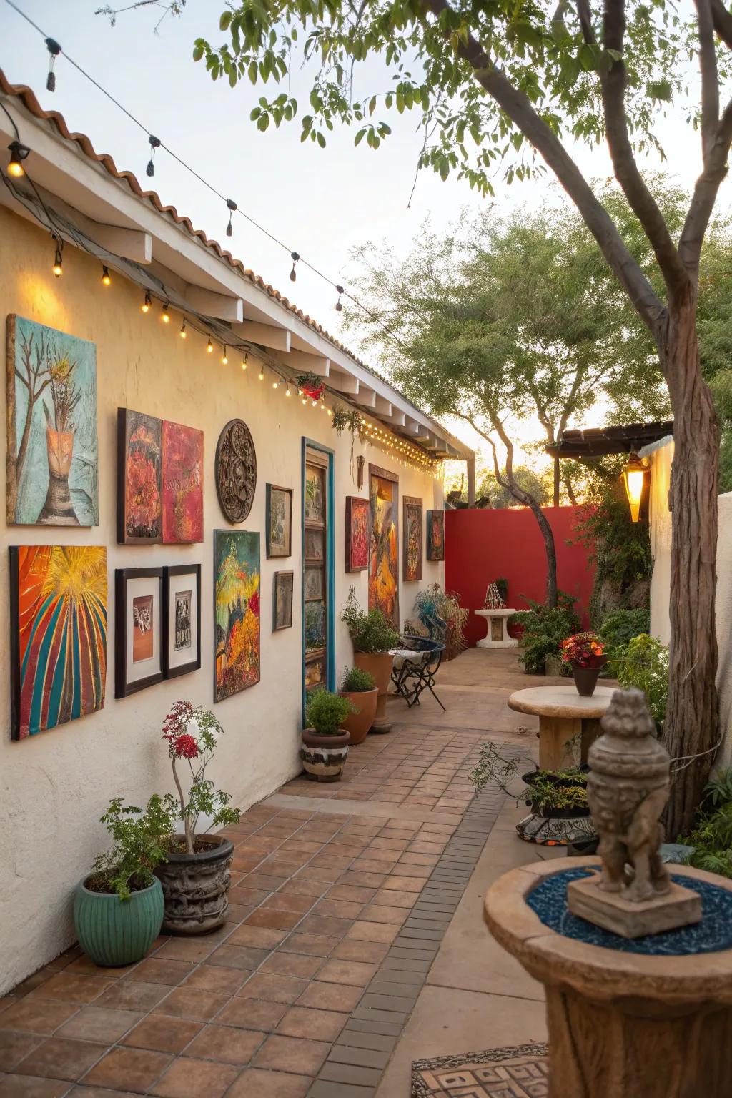 An art display personalizes your outdoor man cave with creativity.
