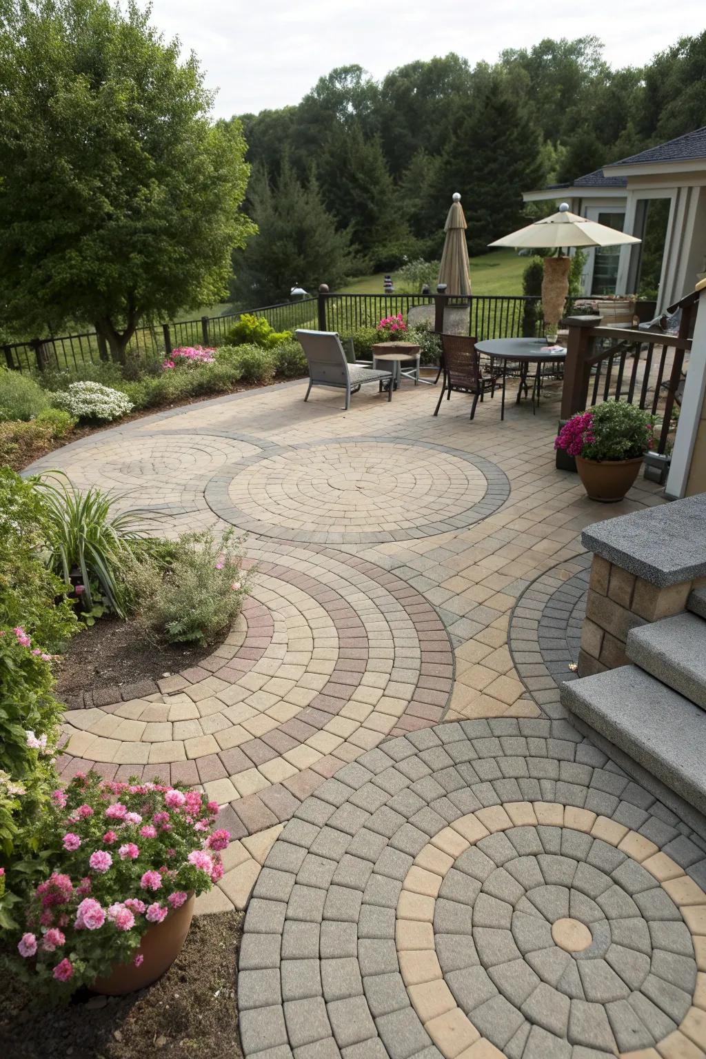 Circular paver patterns define dynamic patio spaces.