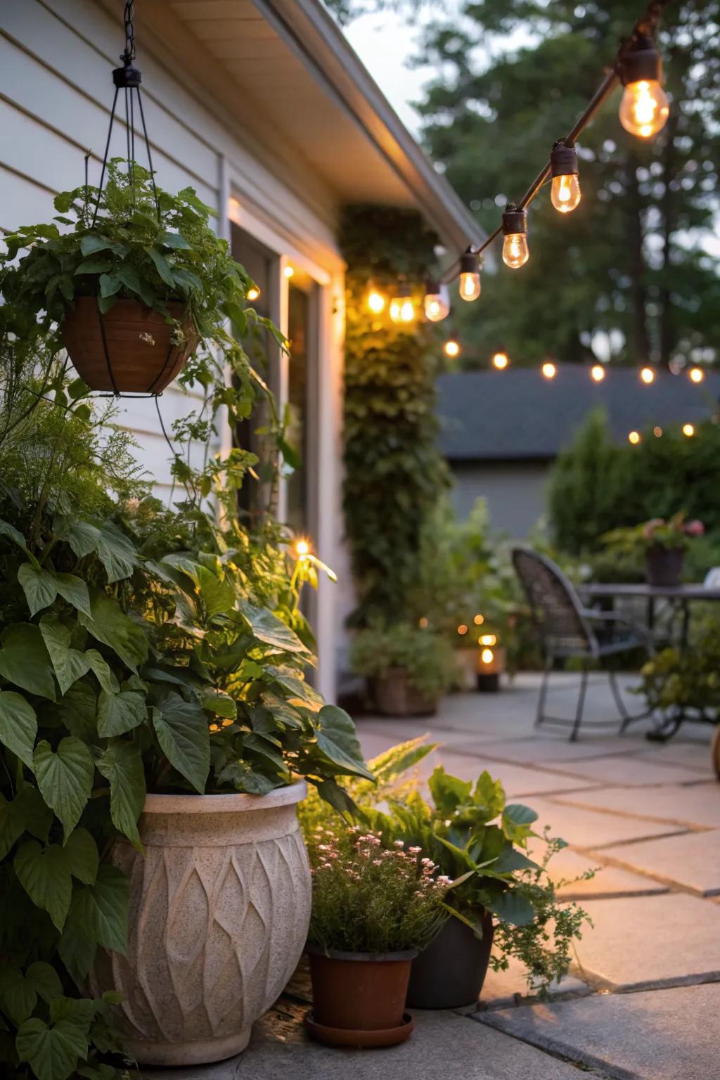 A patio enhanced by integrated soft lighting, creating a warm and inviting atmosphere.