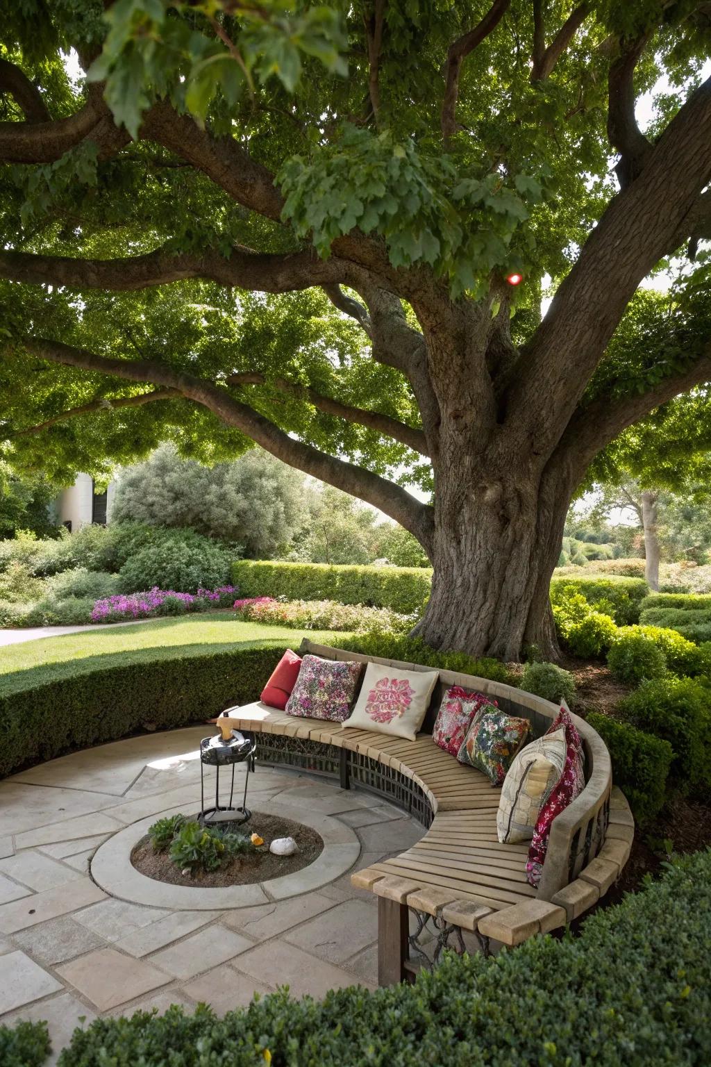 Enjoy nature with a charming tree bench.