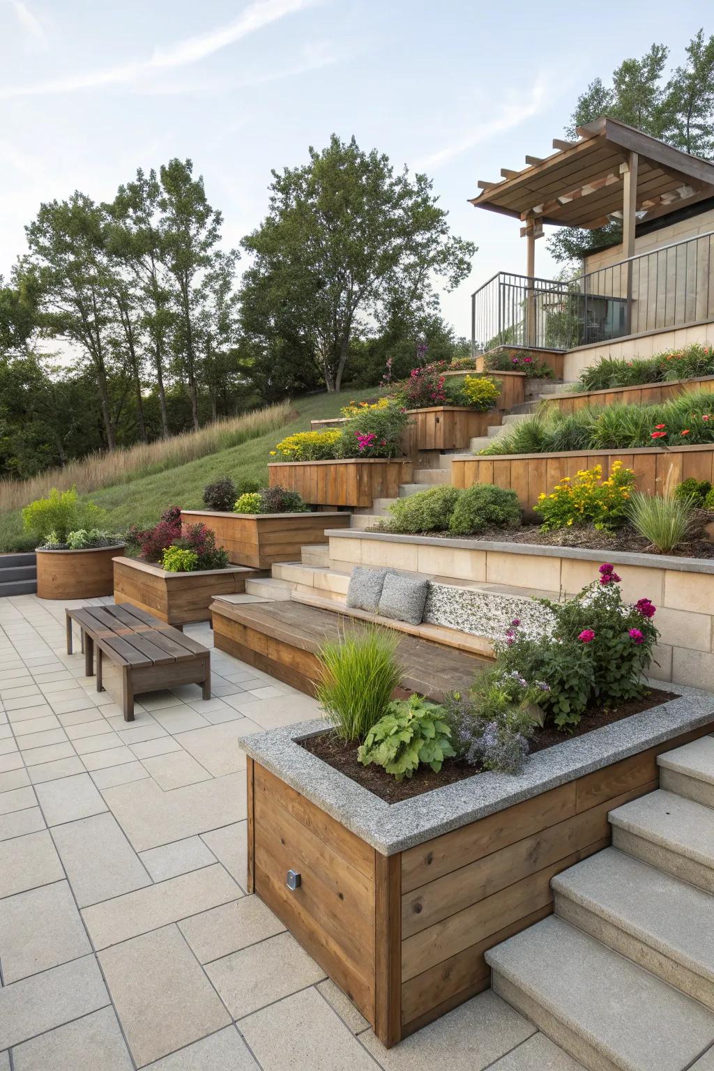 Terraced patios make the most of sloped landscapes.