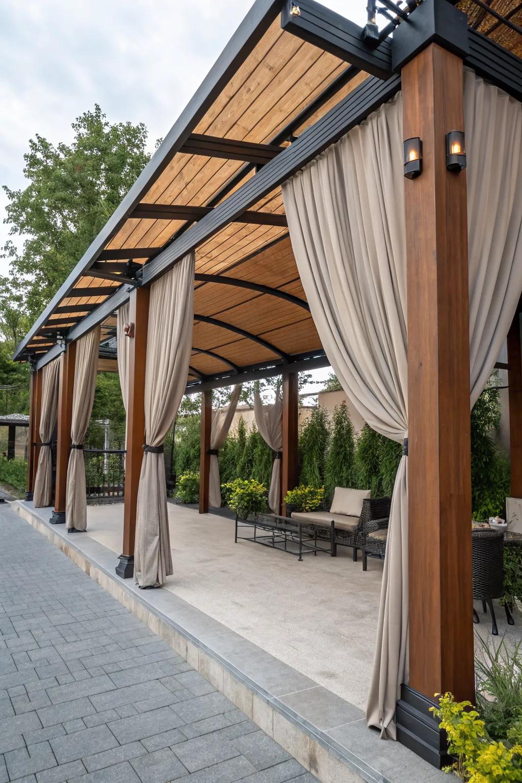Mixed materials add texture and interest to patio shelters.