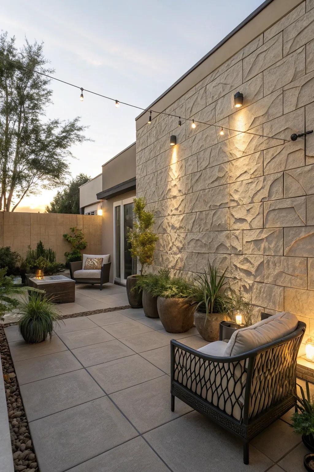 A feature wall adds depth and interest to this patio space.