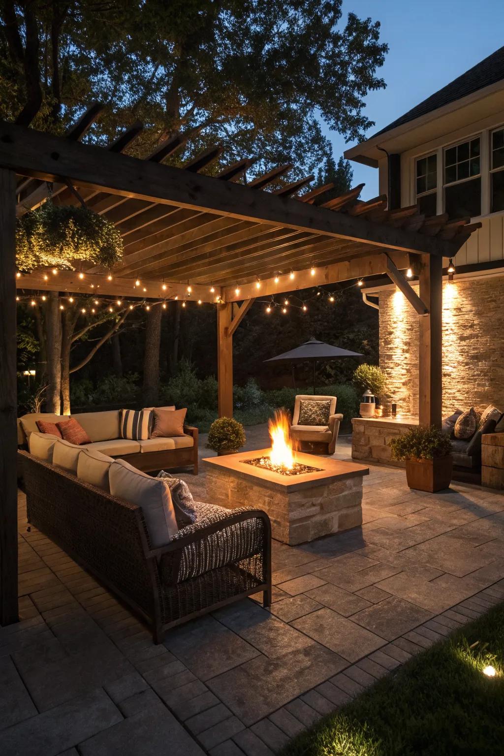 Fire pit pergolas create a cozy and inviting atmosphere for night-time gatherings.