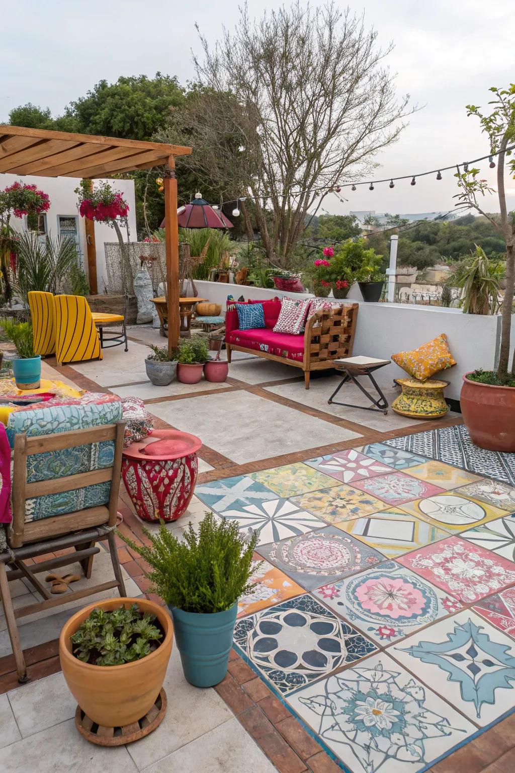Mixing tile designs creates a personalized and unique patio space.