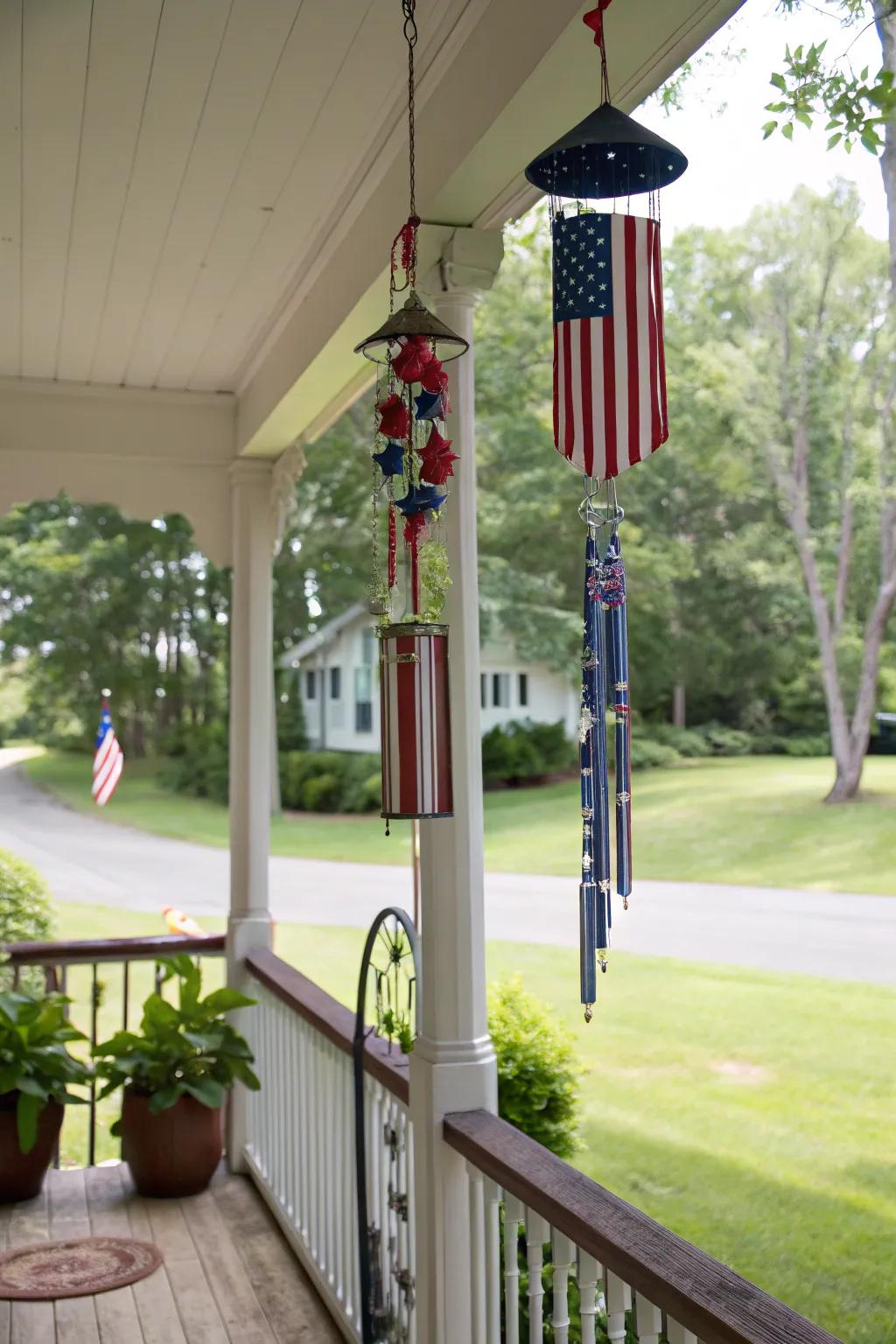 Patriotic wind chimes bring soothing sounds and charm to the porch.