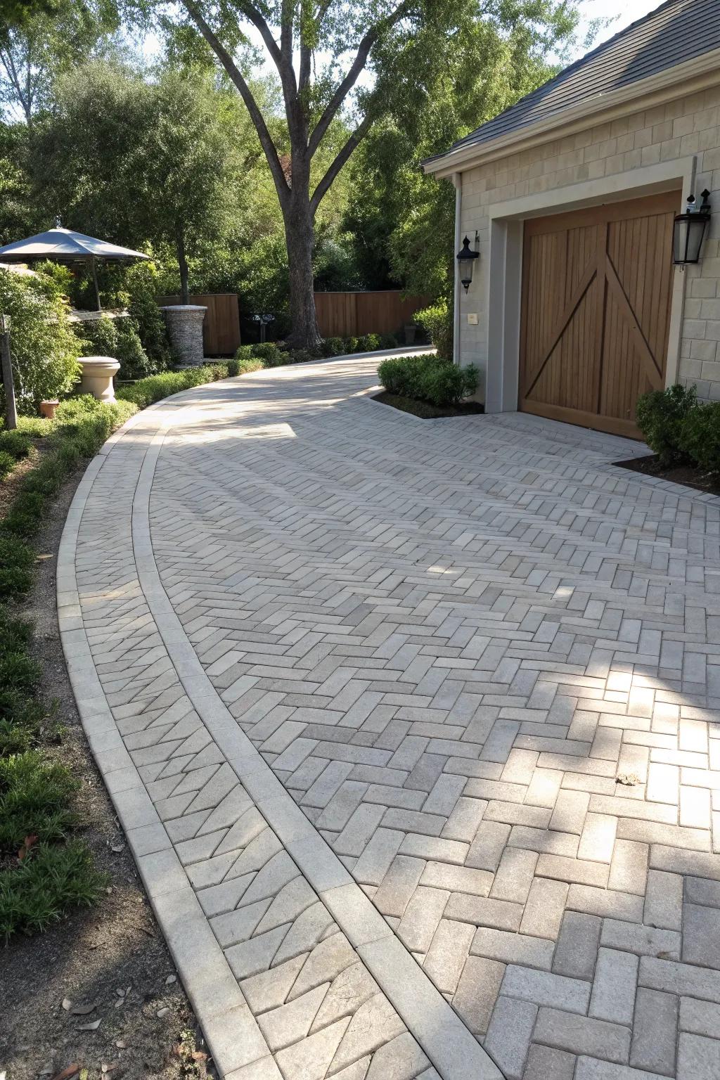 A herringbone pattern adds sophistication to the driveway.