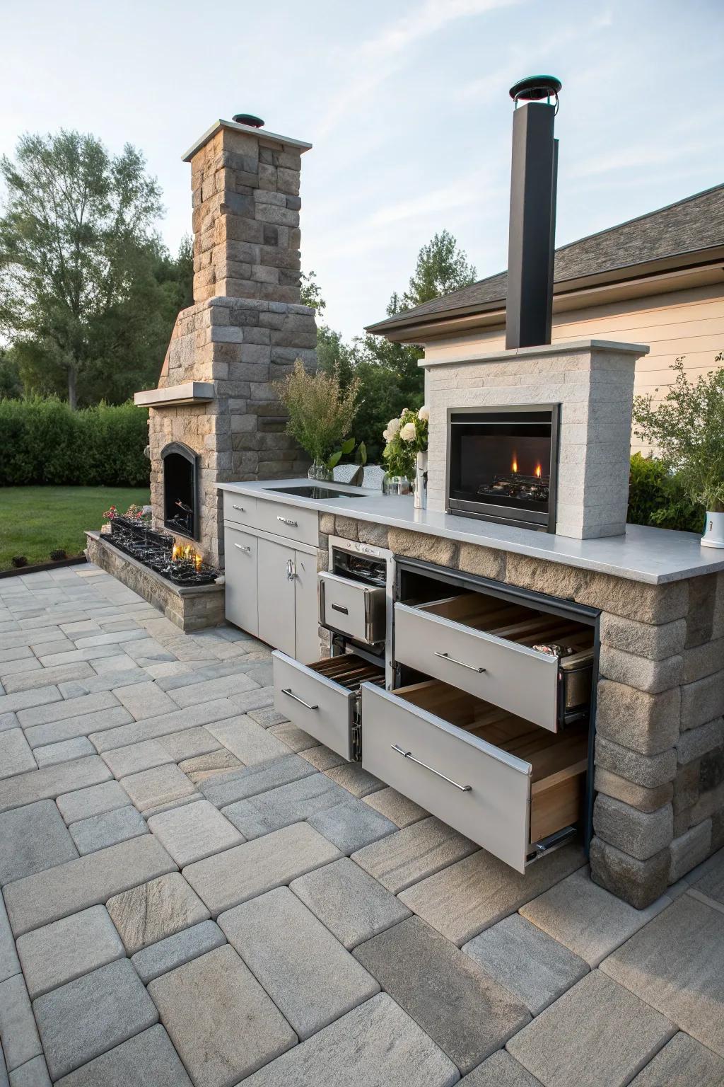 A practical fireplace design with hidden storage, ensuring a tidy patio.