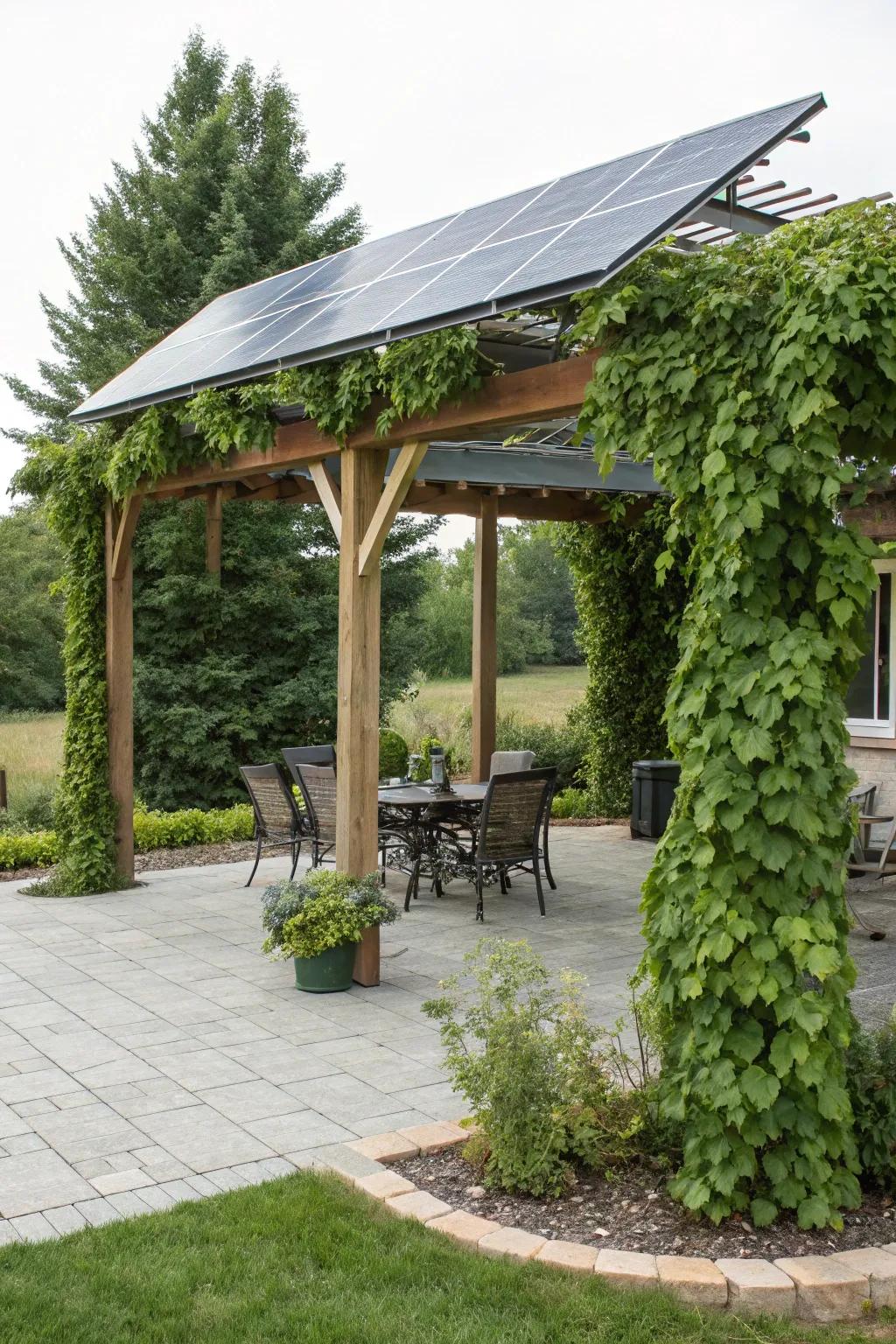 Solar panels on a pergola offer sustainable energy solutions.