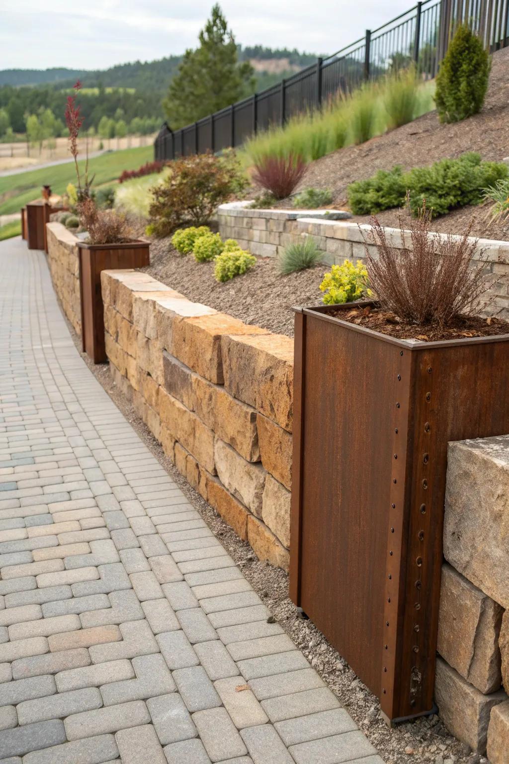 Sleek Corten steel elements integrated into a paver retaining wall.