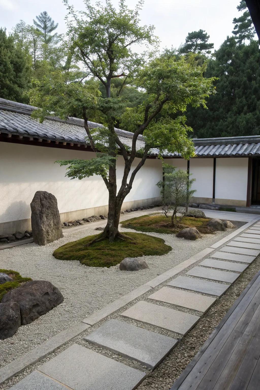 A serene Zen garden featuring pavers and gravel surrounding a tree.