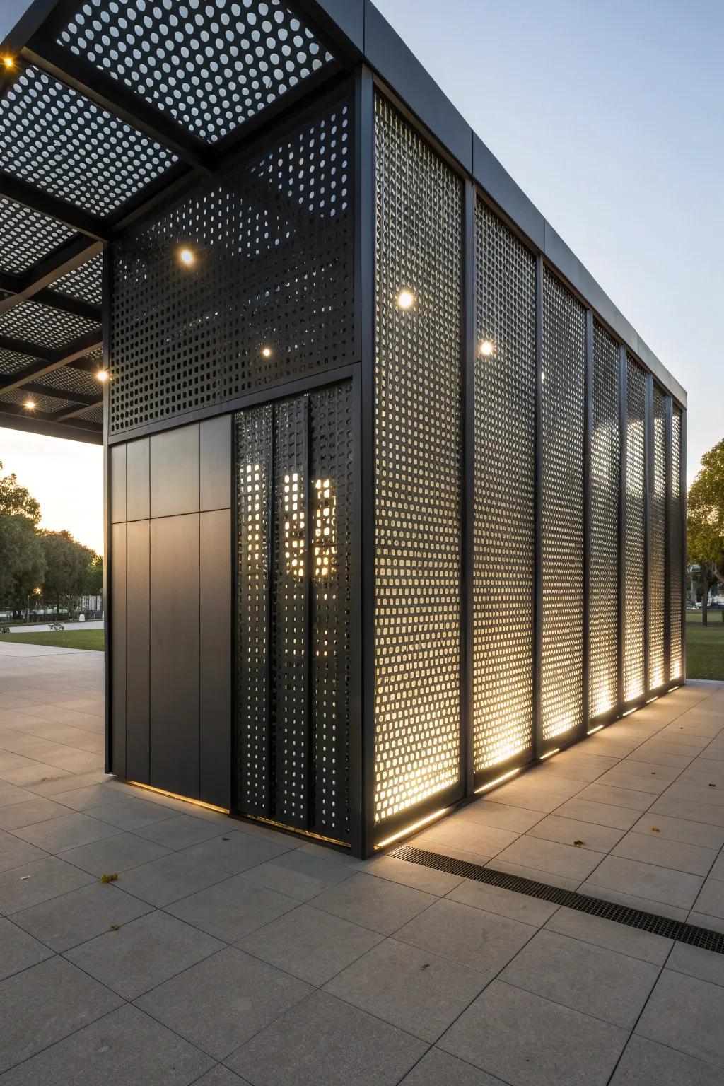 Perforated metal walls creating dynamic light and shadow patterns in a pavilion.