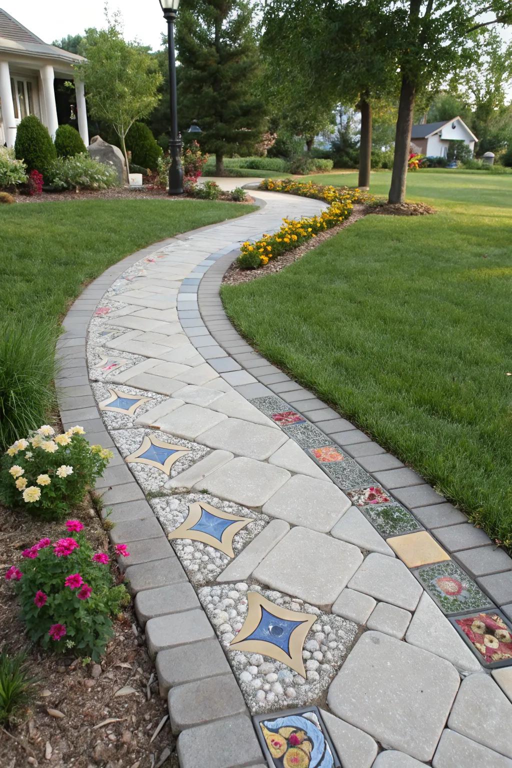 Mosaic inserts add whimsy and personal flair to pathways.