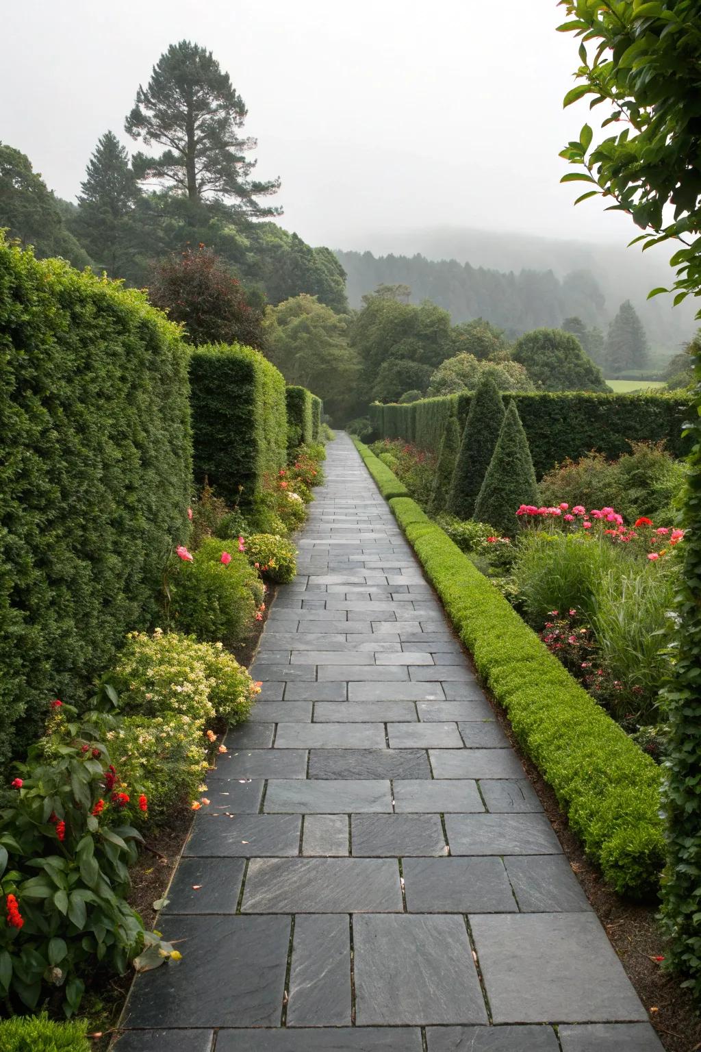 Sophisticated edge with dark basalt pavers.