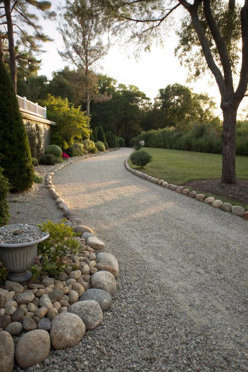 A pea gravel driveway with decorative accent stones.