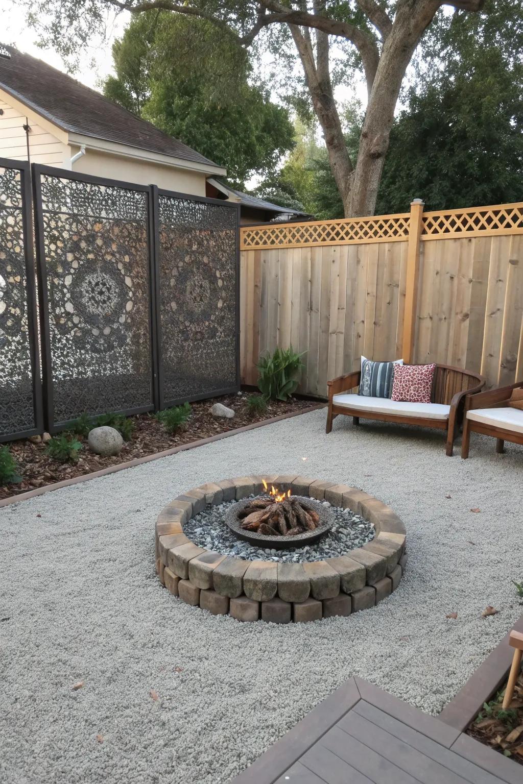 Privacy screens create a secluded fire pit retreat.
