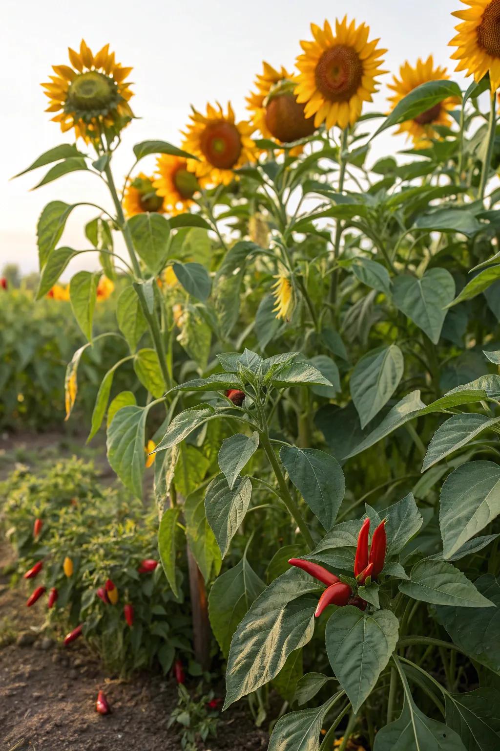 A vibrant backdrop of sunflowers offering wind protection for pepper plants.