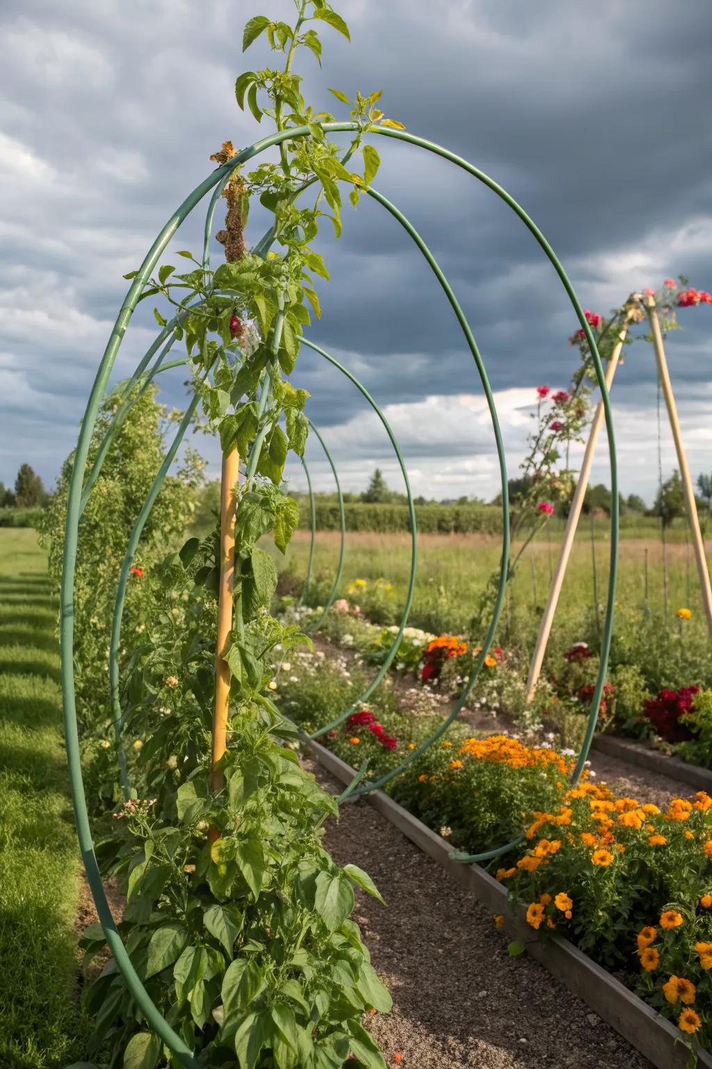 Hula hoop trellises add a touch of whimsy to your garden.