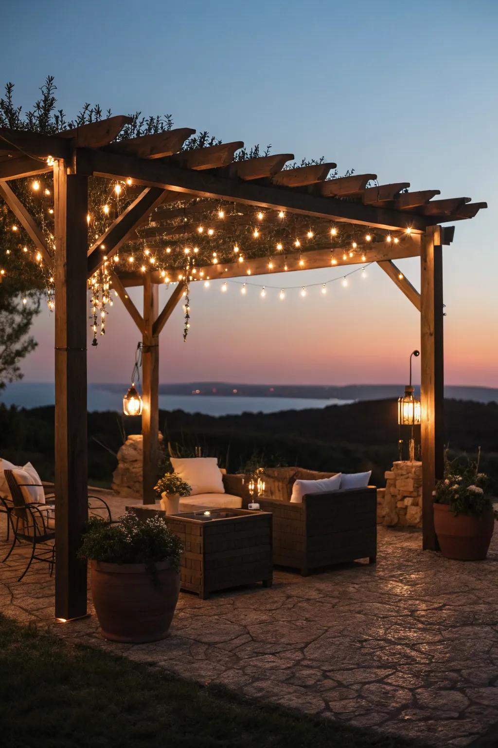 Enchanting atmosphere with hanging lights in a pergola