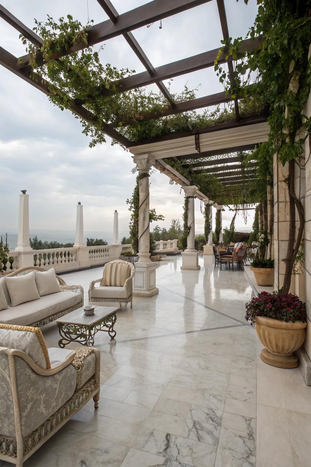 Marble flooring adds a touch of luxury and elegance.