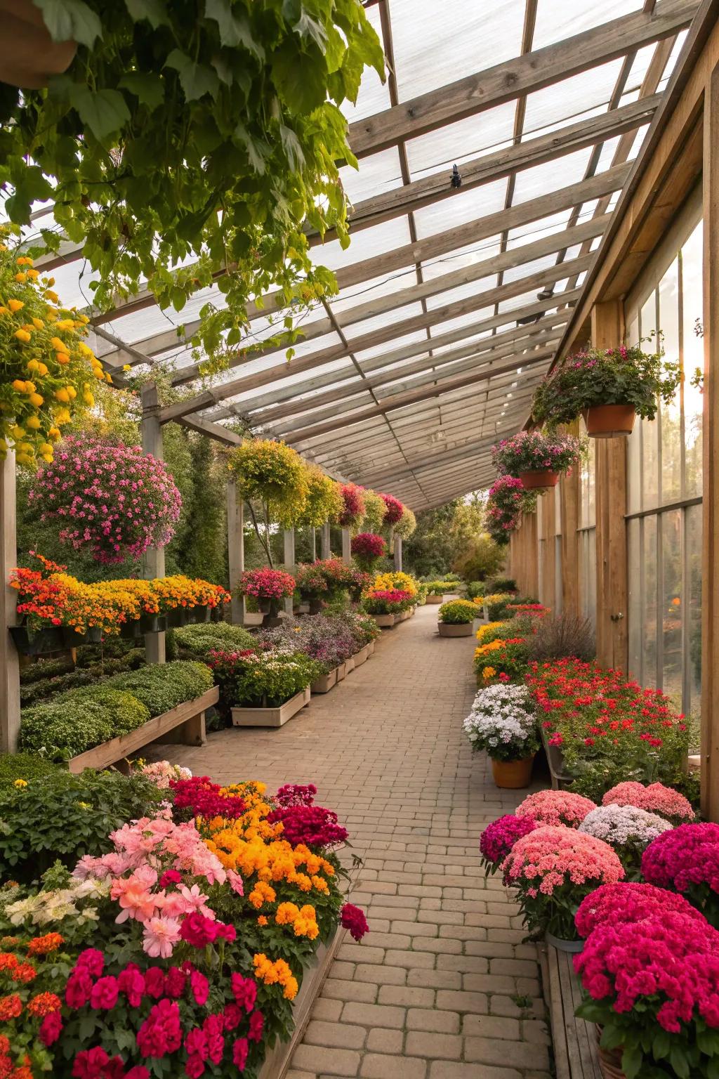 A seasonal flower showcase bringing year-round color to a pergola greenhouse.
