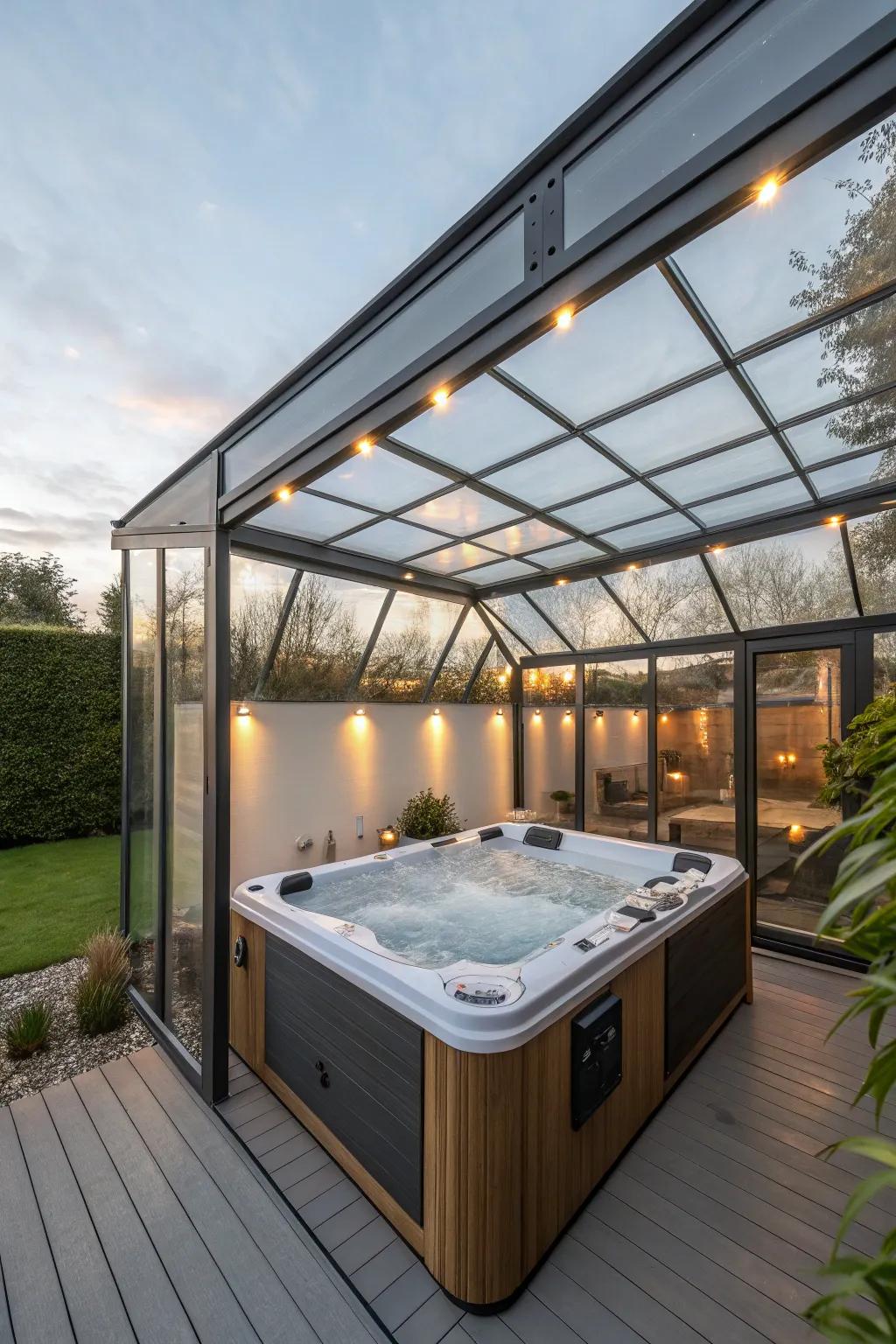 A fully enclosed pergola offering a weatherproof retreat over a hot tub.