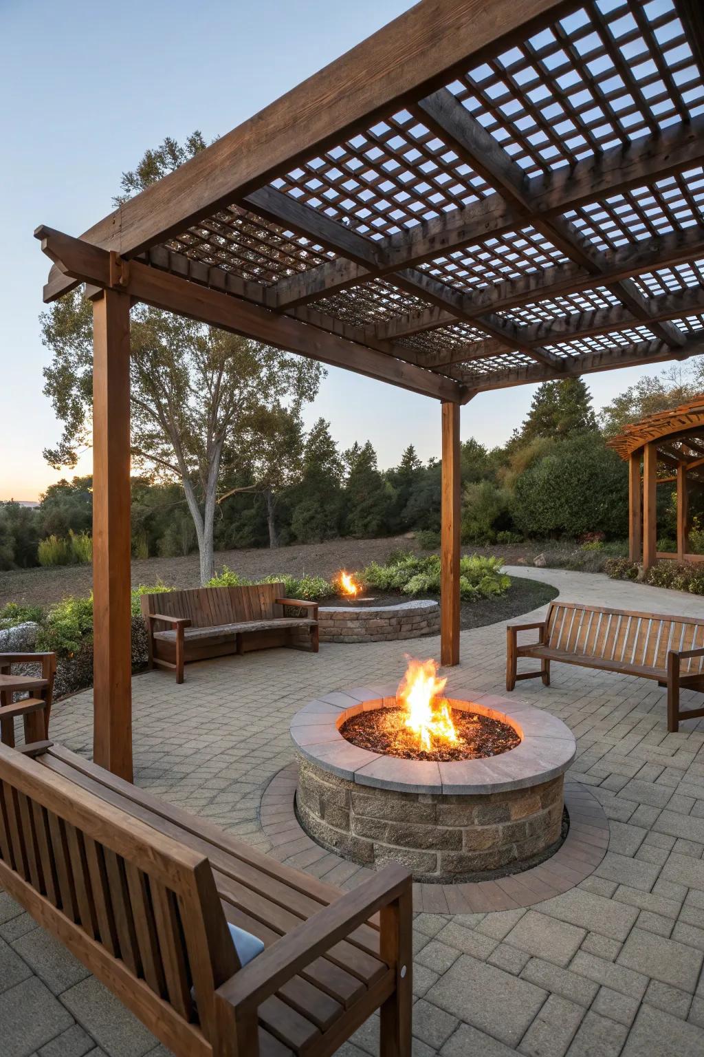 Create a cozy fire pit haven under your pergola.