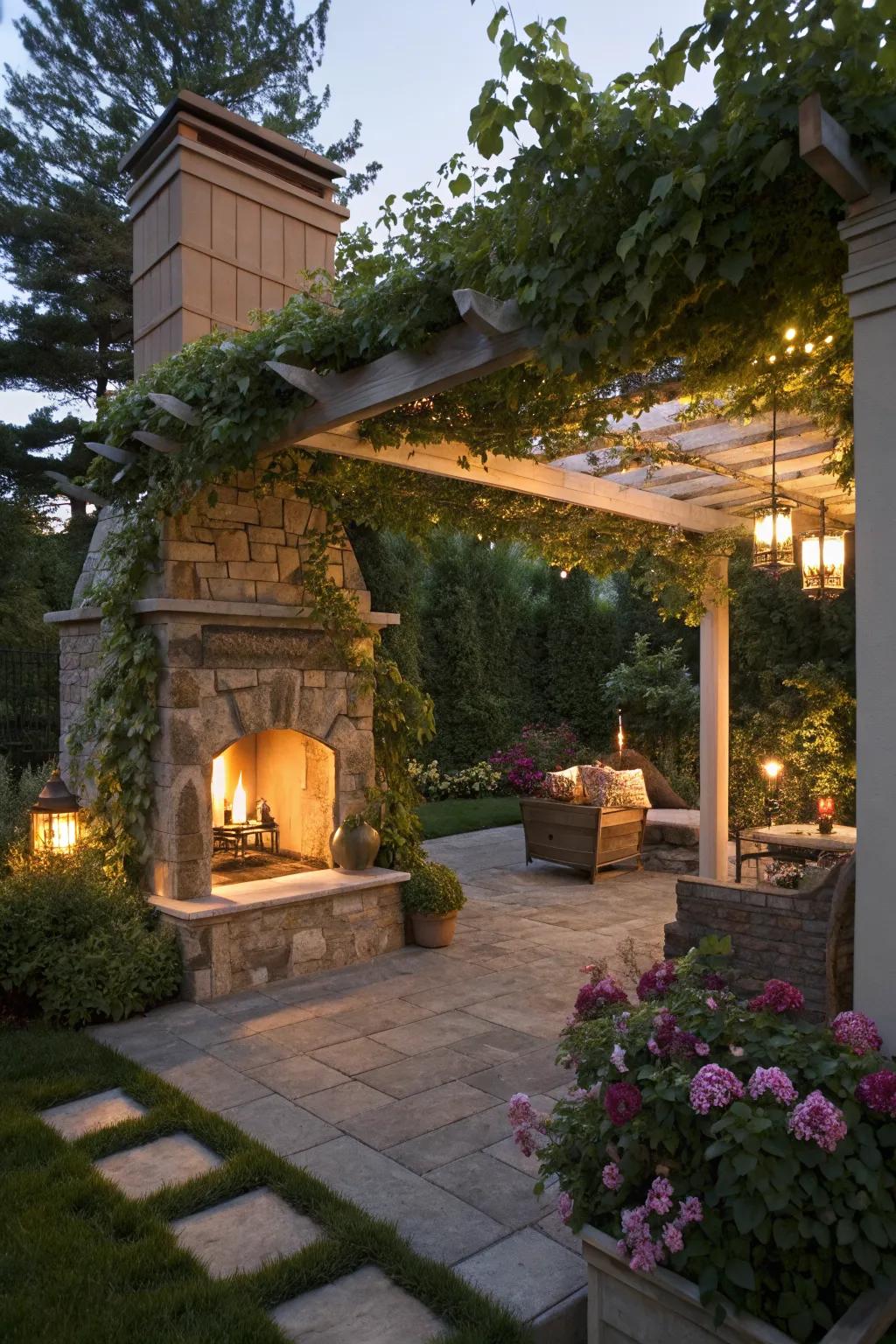 An outdoor fireplace doubles as a privacy feature.