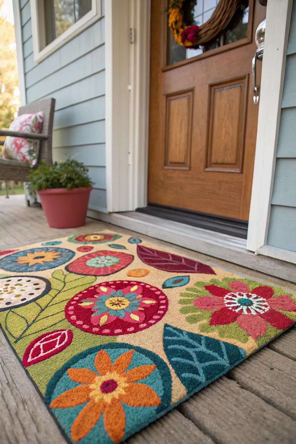 A door mat with eclectic patterns, offering a unique and vibrant appearance.