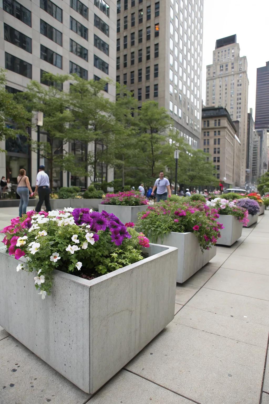 Concrete planters offer a modern, minimalist aesthetic for petunias.