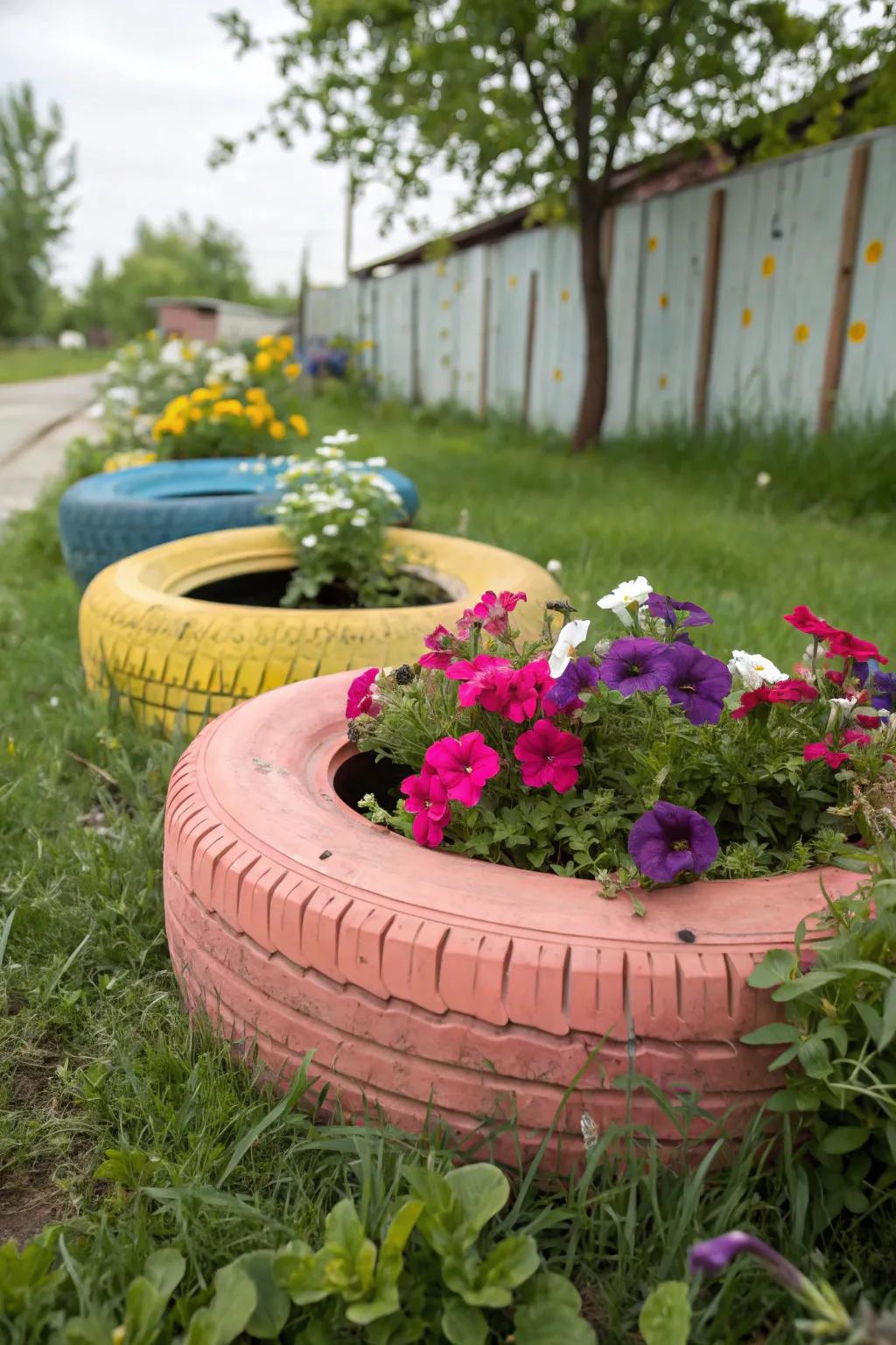 Old tires become unique planters for vibrant petunias.