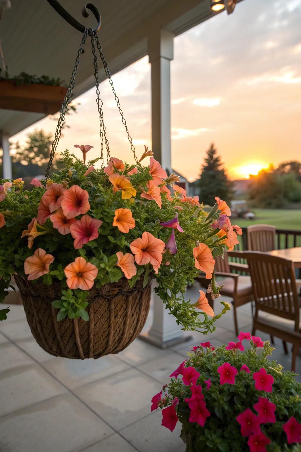 Warm evening ambiance with petunias in sunset hues.