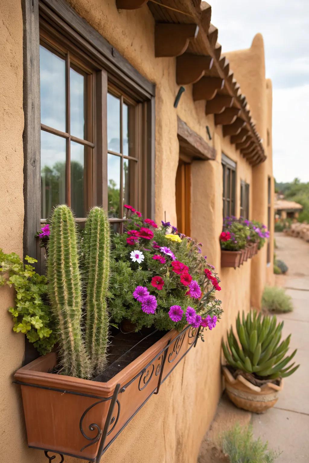 Petunias and cacti create an unusual yet striking combination.
