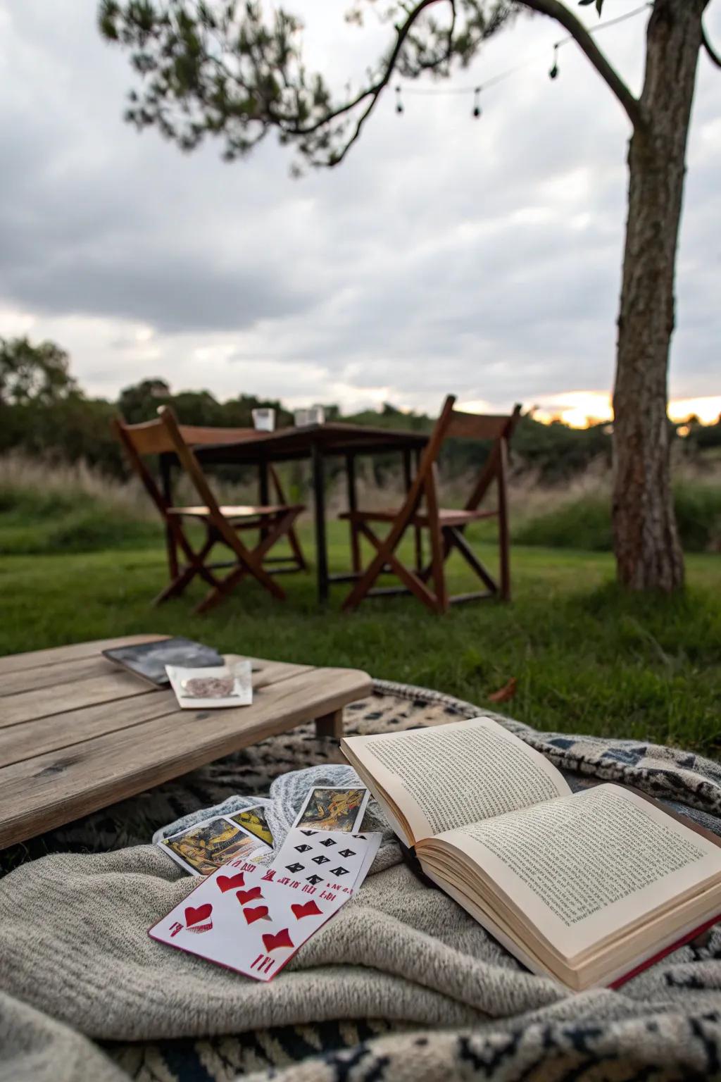 Interactive elements like games and books enhance the picnic experience.