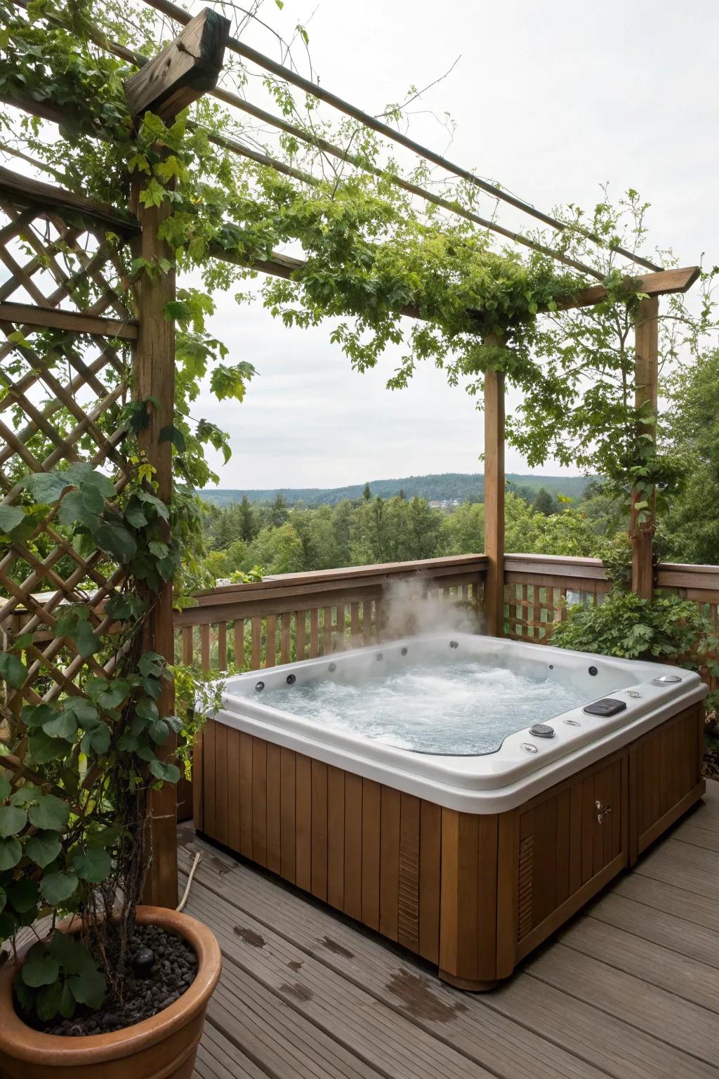 A trellis with climbing plants adds charm and privacy.