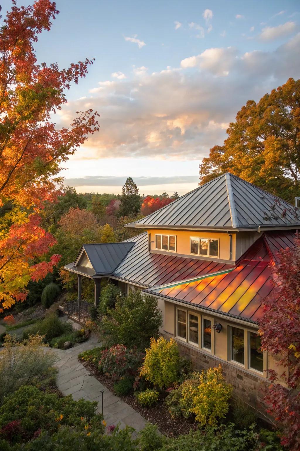 A home with a metal roof inspired by the rich hues of autumn leaves.