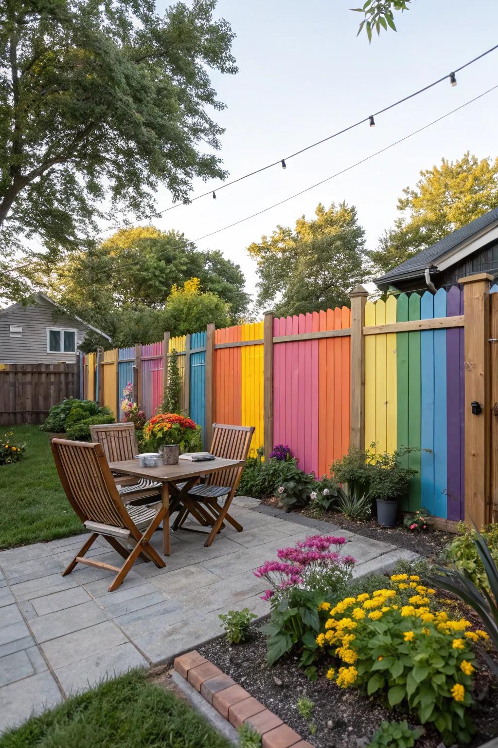 Vibrant retreat with colorful painted panel privacy fence.