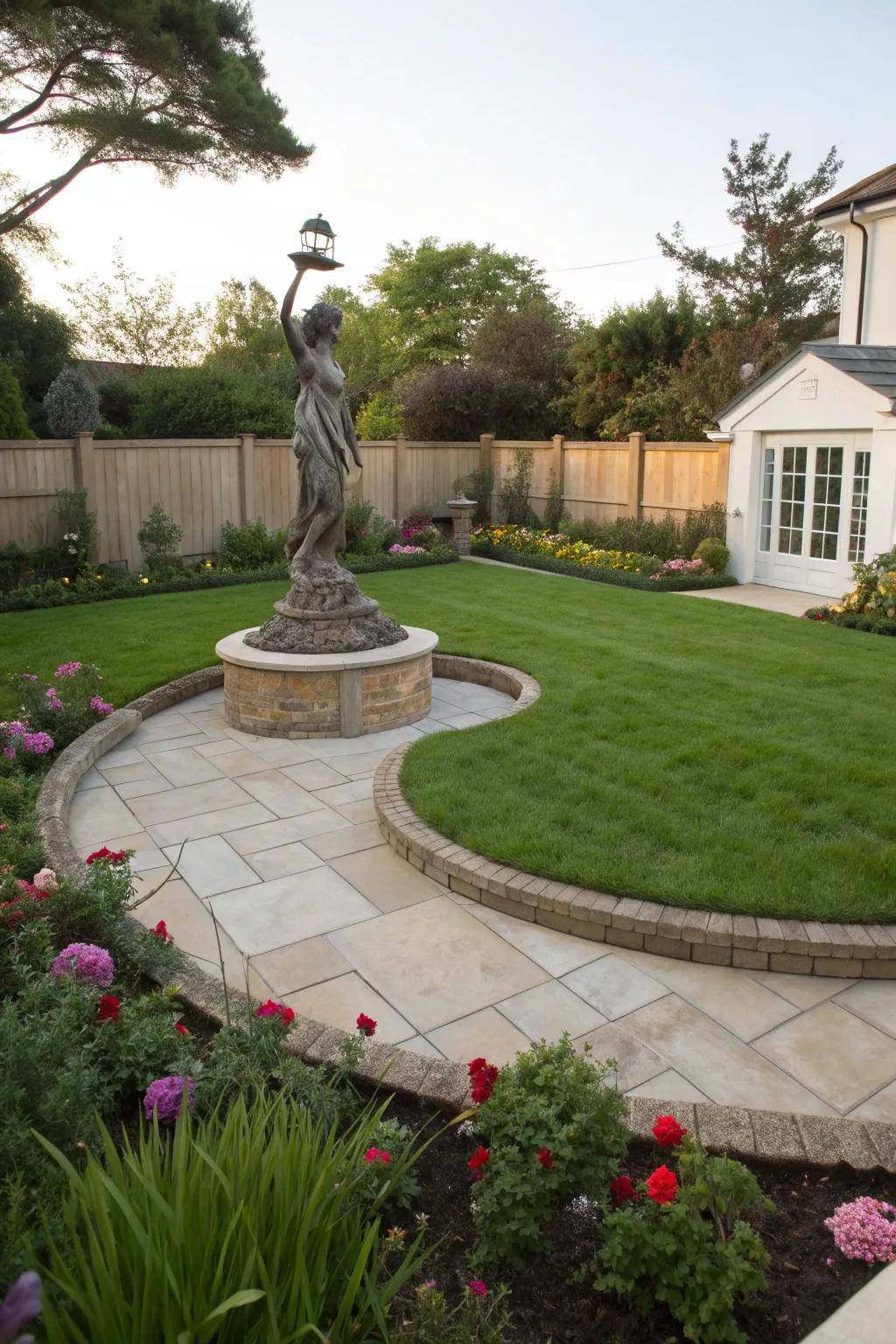 Artistic sculptures bring character to a pie-shaped backyard.