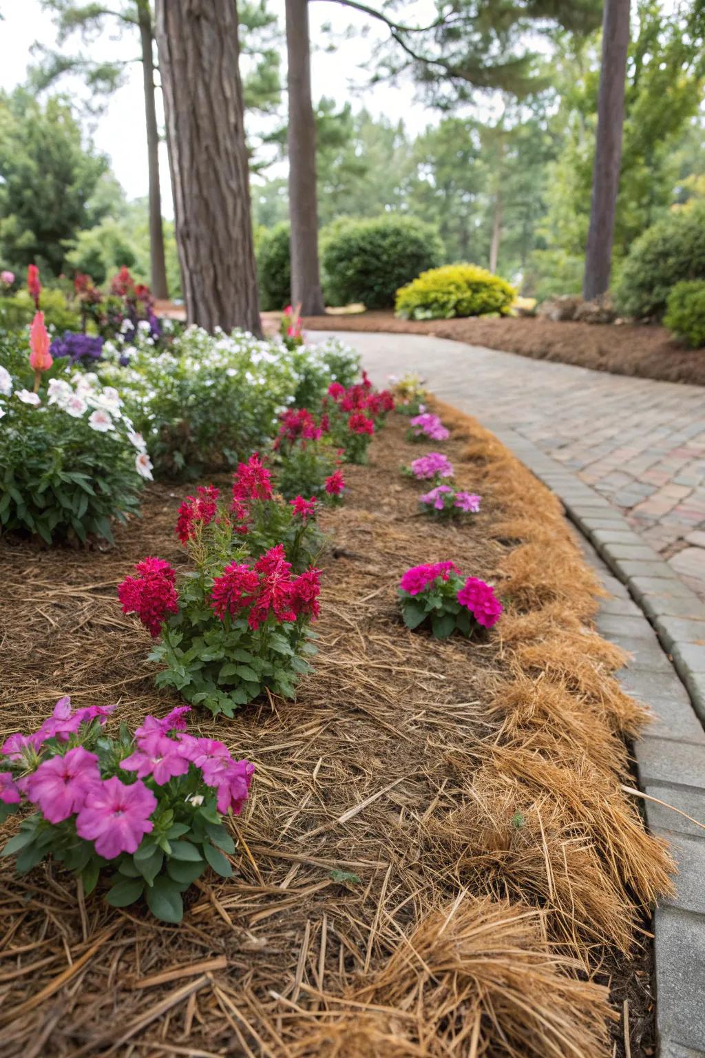 Bright annuals pop against the pine straw backdrop.