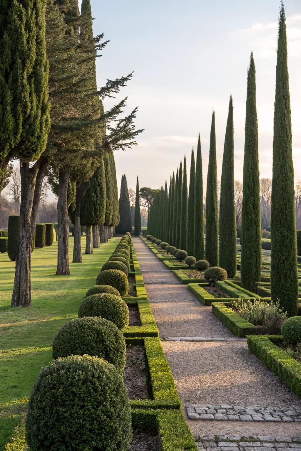 Sophisticated allée with pine trees.